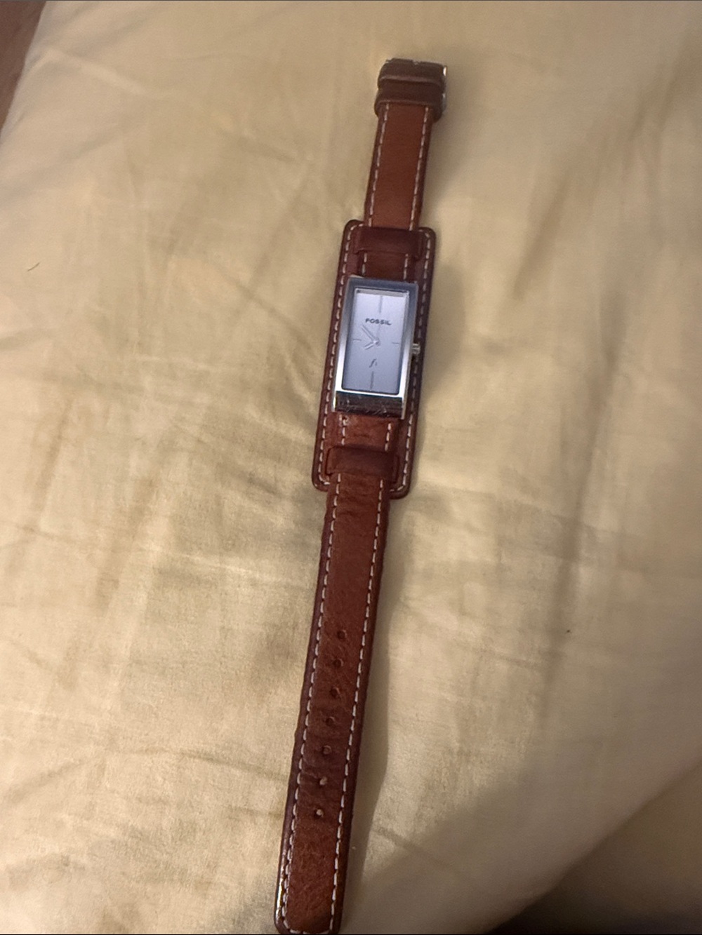 Fossil Rectangular Silver Dial Watch with Brown Leather Strap